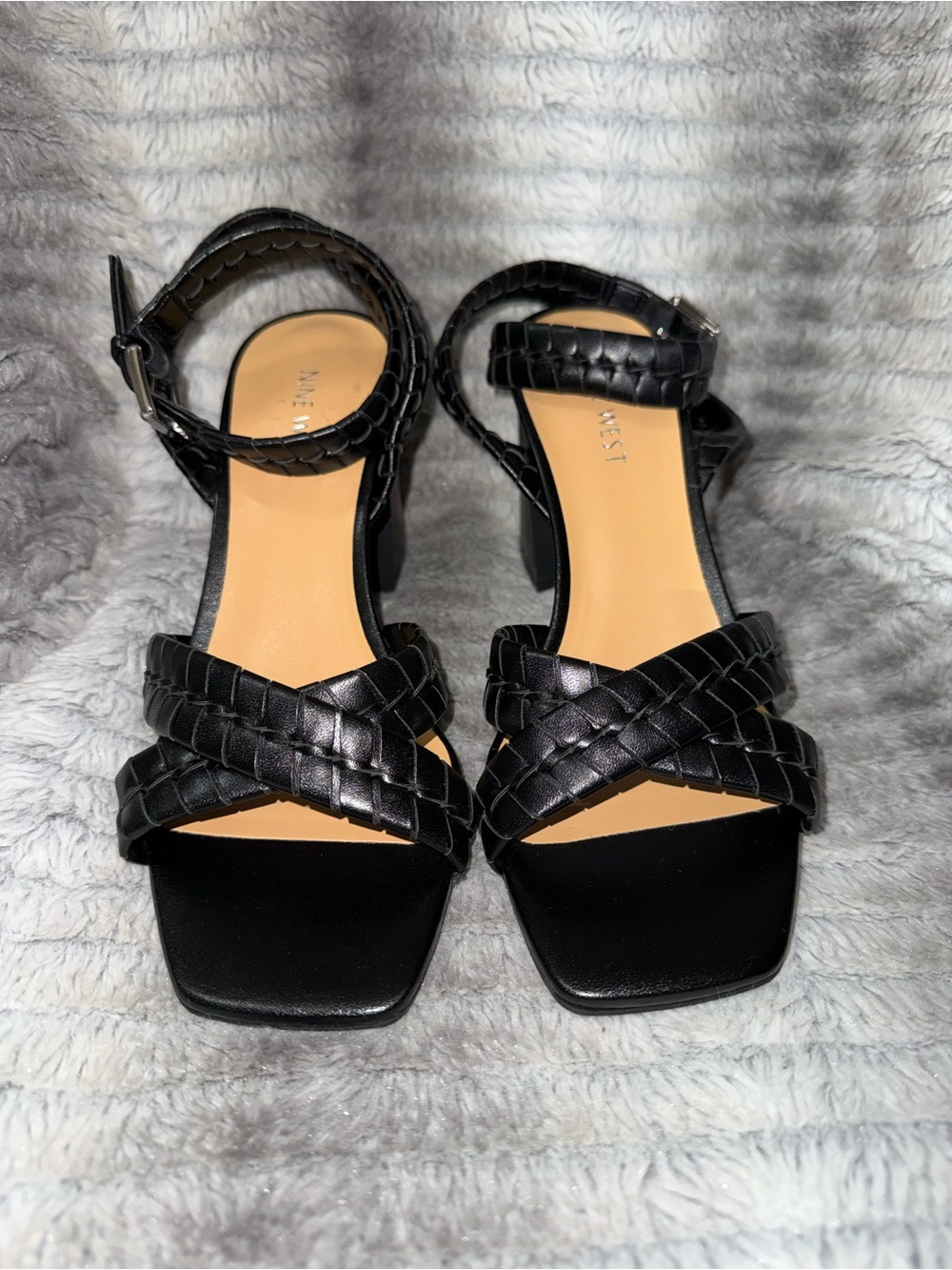 Nine West Black Braided Ankle-Strap Block Heel Sandals Size: 9M